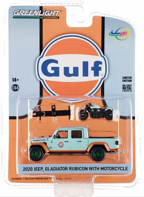 CHASE CAR 1/64 Greenlight Indonesia Exclusive 2020 Jeep Gladiator Rubicon With Indian Motorcycle GULF Livery Limited Edition Diecast Car Model
