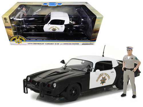 1/18 Greenlight 1979 Chevrolet Camaro Z/28 California Highway Patrol Hardtop (CHP) with Police Officer Figurine Diecast Car Model