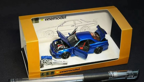 1/64 PGM Nissan Skyline GT-R R34 (Blue) Diecast Car Model with Extra Engine Standard Package