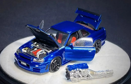 1/64 PGM Nissan Skyline GT-R R34 (Blue) Diecast Car Model with Extra Engine Elite Round Package