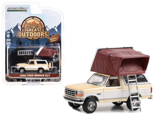 1996 Ford Bronco XLT Light Saddle and Oxford White with Modern Rooftop Tent "The Great Outdoors" Series 3 1/64 Diecast Model Car by Greenlight