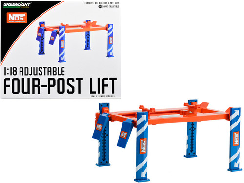 Adjustable Four Post Lift "NOS Nitrous Oxide Systems" Blue and Orange for 1/18 Scale Model Cars by Greenlight