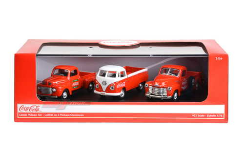 1/72 Motor City Classics Coca-Cola Classic Pickups Gift Set – Chevrolet Pickup, Ford Pickup and Volkswagen T1 Pickup Car Model