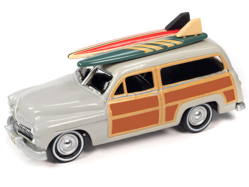 1950 Mercury Woody Wagon Dakota Gray with Wood Panels & Surfboards on Roof & 1959 Cadillac Ambulance Dull Red w/ Surfboards on Roof Cocoa Beach Rescue Patrol Surf Rods "Set of 2" Cars 2-Packs 2023 Release 2 1/64 Diecast Model Cars by Johnny Lightning