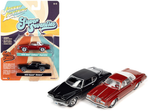1976 Oldsmobile Cutlass Supreme Red Metallic with White Top and Interior and 1972 Buick Riviera Black "Super Seventies" Set of 2 Cars "2-Packs" 2023 Release 2 1/64 Diecast Model Cars by Johnny Lightning