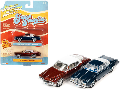 1976 Oldsmobile Cutlass Supreme Dark Blue Metallic with White Top & Interior & 1972 Buick Riviera Burnish Bronze Metallic with White Top & Interior "Super Seventies" Set of 2 Cars "2-Packs" 2023 Release 2 1/64 Diecast Model Cars by Johnny Lightning