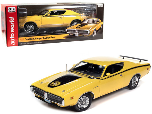 1/18 Auto World 1971 Dodge Charger Super Bee Top Banana Yellow with Black Stripes Diecast Car Model