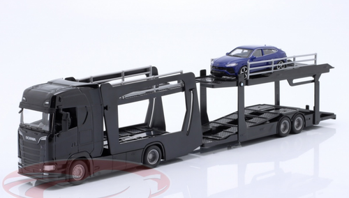 1/43 BBurago Scania S730 Car Transporter (Black) with Lamborghini Urus (Blue Metallic) Car Models