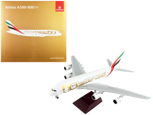 Airbus A380-800 Commercial Aircraft "Emirates Airlines - 50th Anniversary of UAE" White with Striped Tail "Gemini 200" Series 1/200 Diecast Model Airplane by GeminiJets