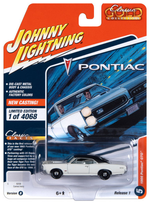 1966 Pontiac GTO Cameo Ivory with Black Top and White Interior "Classic Gold Collection" 2023 Release 1 Limited Edition to 4068 pieces Worldwide 1/64 Diecast Model Car by Johnny Lightning