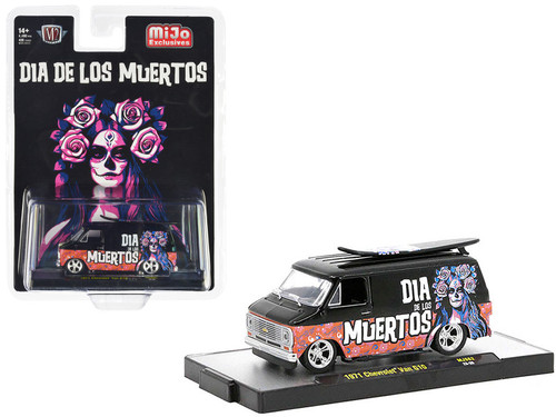 1971 Chevrolet C10 Van Black with Graphics "Dia De Los Muertos" With Surfboard on Roof Limited Edition to 4400 pieces Worldwide 1/64 Diecast Model Car by M2 Machines