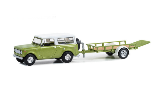 1/64 Greenlight 1970 Harvester Scout with Utility Trailer (Lime Green Metallic with Alpine White Hardtop) Diecast Car Model