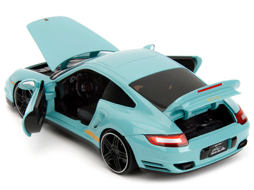 Porsche 911 Turbo (997) Light Blue with Yellow Stripes "Pink Slips" Series 1/24 Diecast Model Car by Jada