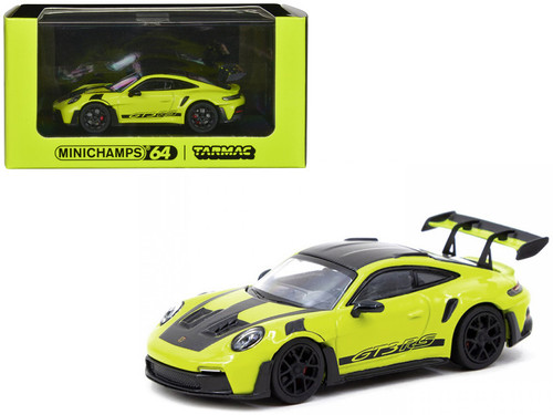 Porsche 911 (992) GT3 RS Acid Green with Carbon Hood Stripes and Top Limited Edition to 999 pieces Worldwide 1/64 Diecast Model Car by Minichamps & Tarmac Works