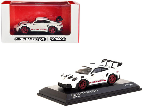 Porsche 911 (992) GT3 RS White with Red Stripes Limited Edition to 999 pieces Worldwide 1/64 Diecast Model Car by Minichamps & Tarmac Works