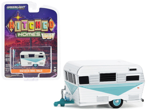 1958 Siesta Travel Trailer White and Teal with Polished Silver