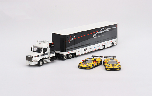 1/64 Mini GT Western Star 49X Racing Transporter with 2 Cars Chevrolet Corvette C8.R #3 Corvette Racing 2022 IMSA Sebring 12 Hrs GTD PRO Winner & Chevrolet Corvette C8.R #33 Corvette Racing 2023 WEC 1000 Miles of Sebring LMGTE AM Winner