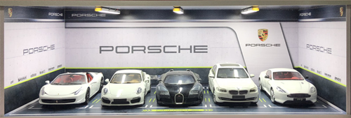1/18 Porsche Theme 5 Car Garage Parking Scene w/ Lights (car model not included) White