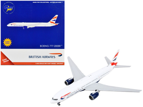 Boeing 777-200ER Commercial Aircraft with Flaps Down "British Airways" White with Tail Stripes 1/400 Diecast Model Airplane by GeminiJets