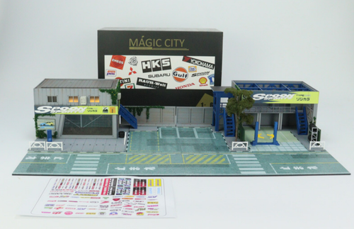 1/64 Magic City Spoon Sports Theme Showroom & Repari Shop Diorama with Lights