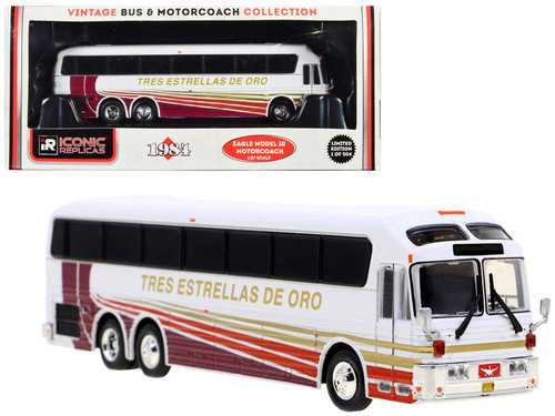 1984 Eagle Model 10 Motorcoach Bus "Tres Estrellas de Oro" White with Stripes "Vintage Bus & Motorcoach Collection" Limited Edition to 504 pieces Worldwide 1/87 (HO) Diecast Model by Iconic Replicas
