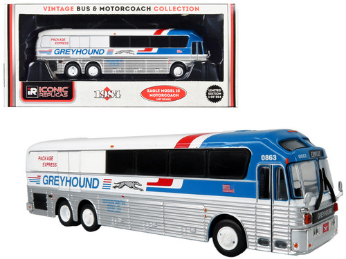 1984 Eagle Model 10 Motorcoach Bus "Greyhound Package Express" White and Blue "Vintage Bus & Motorcoach Collection" Limited Edition to 504 pieces Worldwide 1/87 (HO) Diecast Model by Iconic Replicas