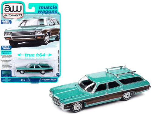 1970 Chevrolet Kingswood Estate Wagon Misty Turquoise Metallic with Side Woodgrain "Muscle Wagons" Limited Edition 1/64 Diecast Model Car by Auto World