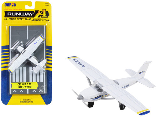 Cessna 172 Aircraft White with Blue and Yellow Stripes "N470ES" with Runway Section Diecast Model Airplane by Runway24