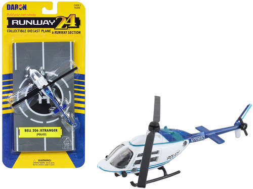 Bell 206 Jetranger Helicopter White and Blue "Police-N70650" with Runway Section Diecast Model by Runway24