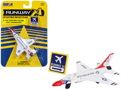 General Dynamics F-16 Fighting Falcon Fighter Aircraft White "United States Air Force Thunderbirds" with Runway 24 Sign Diecast Model Airplane by Runway24