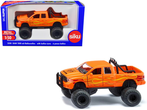 Dodge Ram 1500 Pickup Truck Lifted with Balloon Tires Orange with Flames 1/50 Diecast Model by Siku