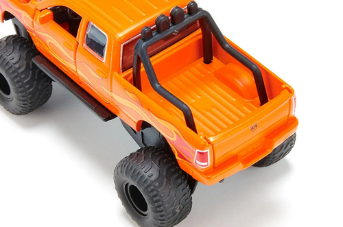 Dodge Ram 1500 Pickup Truck Lifted with Balloon Tires Orange with Flames 1/50 Diecast Model by Siku