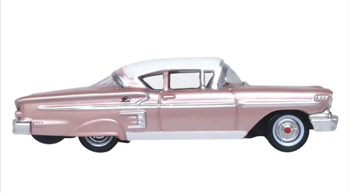 1958 Chevrolet Impala Sport Cay Coral Pink Metallic with White Top 1/87 (HO) Scale Diecast Model Car by Oxford Diecast