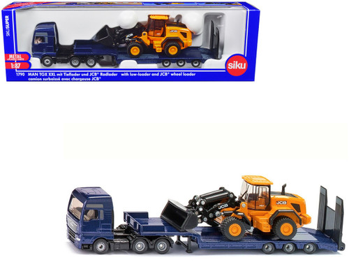 MAN Truck Blue Metallic with Low Loader Trailer and JCB 457 Wheel Loader Yellow 1/87 (HO) Diecast Model by Siku