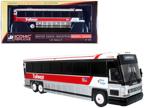2001 MCI D4000 Coach Bus "Trailways - Blue Ridge" White and Red "Vintage Bus & Motorcoach Collection" Limited Edition to 504 pieces Worldwide 1/87 (HO) Diecast Model by Iconic Replicas