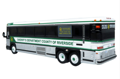 2001 MCI D4000 Coach Bus "Sheriff's Department County of Riverside" White and Green "Vintage Bus & Motorcoach Collection" Limited Edition to 504 pieces Worldwide 1/87 (HO) Diecast Model by Iconic Replicas