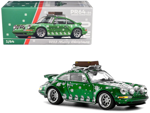 Porsche Singer 964 Green Metallic with Graphics "2023 Merry Christmas" with Luggage on Roof Rack 1/64 Diecast Model Car by Pop Race