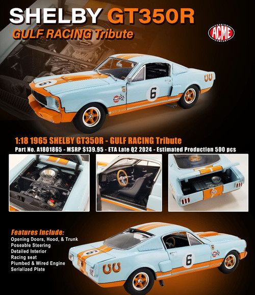 1/18 ACME 1965 Shelby GT350R Gulf Racing Tribute Diecast Car Model