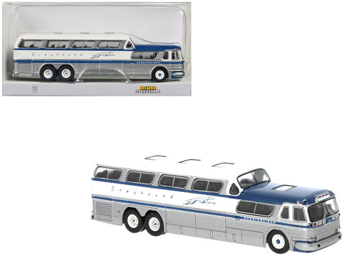 1956 GMC PD-4501 Scenicruiser Bus Silver and White with Blue Stripes "Greyhound" 1/87 (HO) Scale Model Car by Brekina