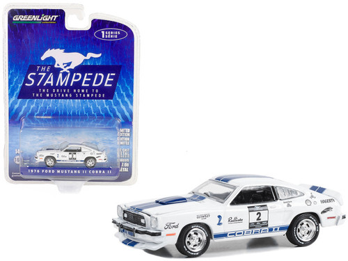 1976 Ford Mustang II Cobra II #2 White with Blue Stripes "Stampede Car" "The Drive Home to the Mustang Stampede" Series 1 1/64 Diecast Model Car by Greenlight