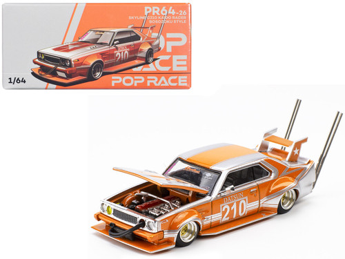 Skyline C210 Kaido Racer "Bosozoku Style" RHD (Right Hand Drive) #210 Orange and Silver 1/64 Diecast Model Car by Pop Race