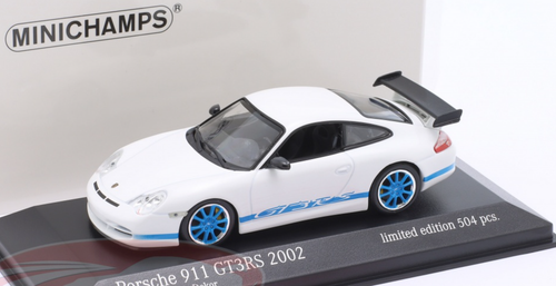 1/43 Minichamps 2002 Porsche 911 (996) GT3 RS (White with Blue Wheels) Car Model