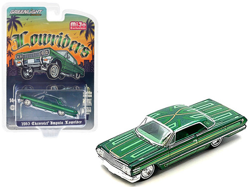 1963 Chevrolet Impala Lowrider Green Metallic with Graphics and Green Interior "Lowriders" Series Limited Edition to 3600 pieces Worldwide 1/64 Diecast Model Car by Greenlight