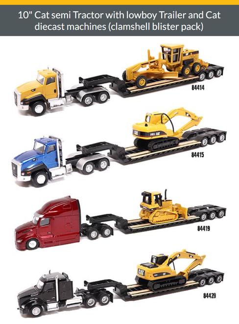 Diecast Master Set of 4 10" Cat semi Tractor with lowboy Trailer & Cat Diecast Machines (Clamshell blister pack)