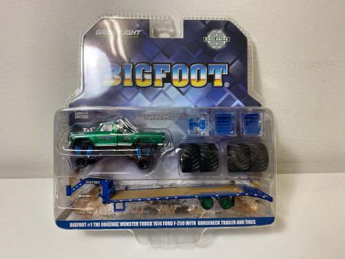 CHASE CAR 1974 Ford F-250 Monster Truck "Bigfoot #1 The Original Monster Truck (1979)" with Gooseneck Trailer and Regular and Replacement 66" Tires "Hobby Exclusive" 1/64 Diecast Model Car by Greenlight
