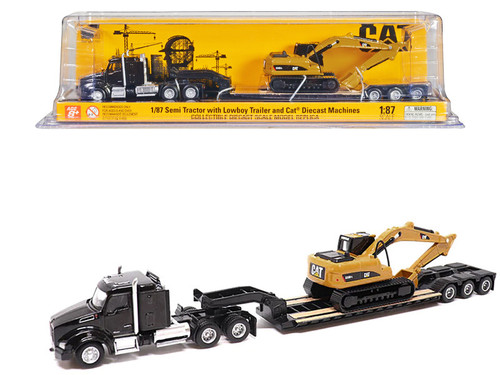 Kenworth T880 SBFS Sleeper Tandem Tractor Black with Lowboy Trailer and CAT 320D L Hydraulic Excavator Yellow 1/87 (HO) Diecast Model by Diecast Masters