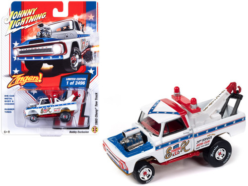 1965 Chevrolet Tow Truck White with Blue Stripes and Graphics "E&K Towing" "Zingers!" Series Limited Edition to 2496 pieces Worldwide 1/64 Diecast Model Car by Johnny Lightning