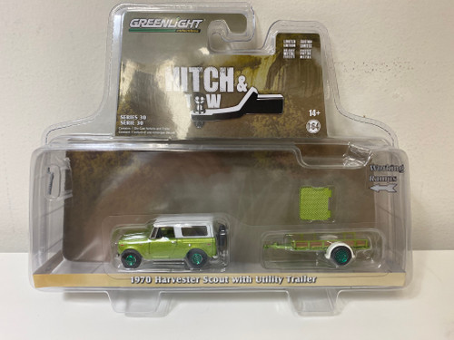 CHASE CAR 1/64 Greenlight 1970 Harvester Scout with Utility Trailer (Lime Green Metallic with Alpine White Hardtop) Diecast Car Model