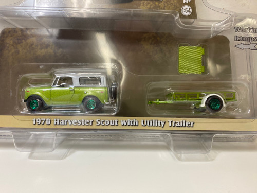 CHASE CAR 1/64 Greenlight 1970 Harvester Scout with Utility Trailer (Lime Green Metallic with Alpine White Hardtop) Diecast Car Model