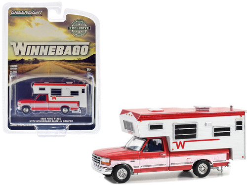 1995 Ford F-250 Long Bed Pickup Truck with Winnebago Slide-In Camper Bright Red and Oxford White "Hobby Exclusive" Series 1/64 Diecast Model Car by Greenlight